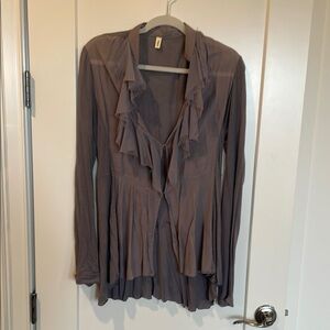 Anthropologie Gray Long Sleeve Blouse with Ruffled and Pleated Details